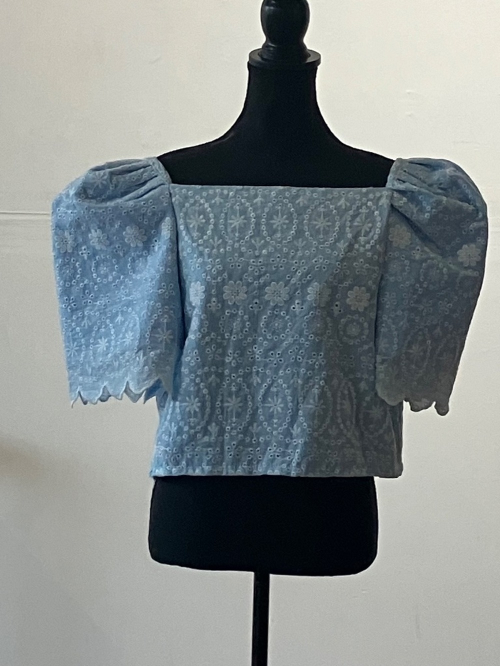 Light Blue Eyelet Puff Sleeve Crop Top - Picture 10 of 11